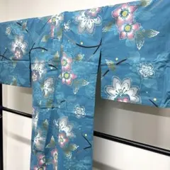 超美品 現代 本染 浴衣 着物 夏物 163裄67 ターコイズブルー 花みつこ
