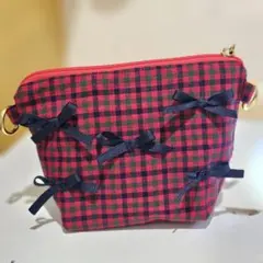 02【鞄のみ】ファミリアチェック　リボン　ショルダーバッグ　ポーチ　ミニ