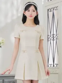 アイボリー ツイードドレス ショートスリーブ