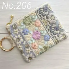 インド刺繍リボン　3種花柄リボンの淡水色ポーチ【Ｓ】 No.206