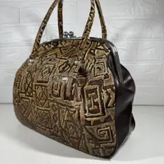 幾何学模様　ハンドバッグ ブラウン系　がまぐちタイプ　昭和レトロ　ヴィンテージ