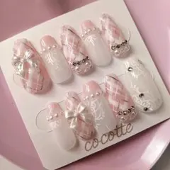 【現品】量産型 推し活 フレンチガーリー リボン×チェック×レース ネイルチップ