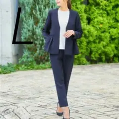 L ネイビー　ペプラム　パンツセットアップ　フォーマル　スーツ　フリル　大人可愛