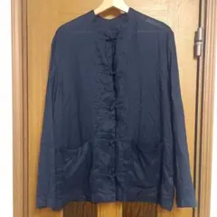 無印良品 結び釦チャイナシャツ リネン 麻 L-XL カンフーシャツ　紺
