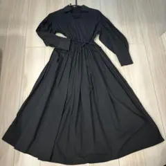 manolba ブラックシャツワンピース 長袖 ウエストリボン付き