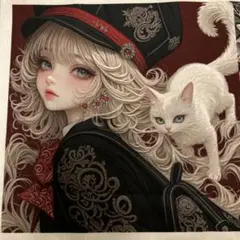 未使用　生地　女の子と猫パネル　8柄