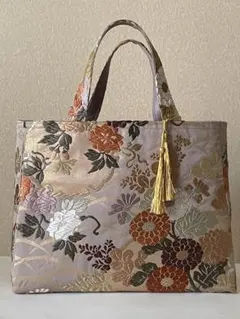 帯リメイクバンブーハンドルトートバッグ***2色の紫地に枝垂れ桜刺繍