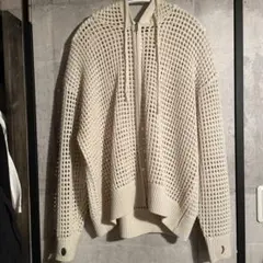アイボリー フード付き 編み物パーカー