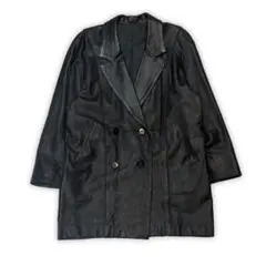 日本製 特徴的織柄型押しレザーコート 黒 ダブルブレスト ヴィンテージ