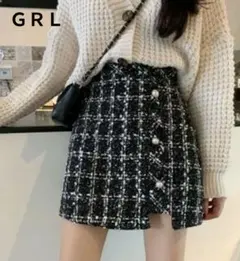 インパン裏地付き アシンメトリーツイードチェックミニスカート グレイル