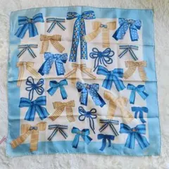 ヴィンテージ　シルク　スカーフ　ハンカチ　ニナ・リッチ　リボン柄 青　クリーム