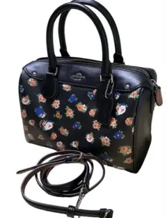 良品 COACH コーチ 花柄ミニベネットサッチェル ハンドバッグ 黒 