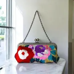 アンティーク訪問着リメイクがま口バック/刺繍/牡丹/薔薇/和装バッグ/帯リメイク