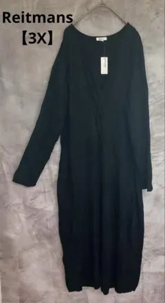 未使用✨Reitmans 【3X】黒　胸元ねじり　長袖ワンピース　大きめサイズ