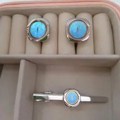 YSL イヴサンローラン タイピン カフス セット 銀×ブルー 刻印あり（志）