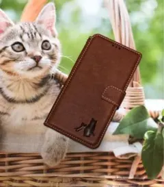 iphone14plusブラウン猫親子焼印手帳ケース