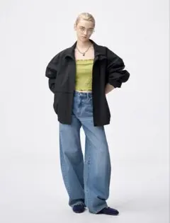 新品タグ付きGUバレルレッグジーンズ丈長め M 65 BLUEブルー