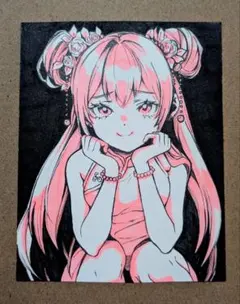 白黒ピンクのチャイナ服女の子(手描きアナログイラスト)