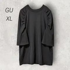 ジーユー GU ランダムリブギャザースリーブT【XL】ブラック 5分袖 立体的