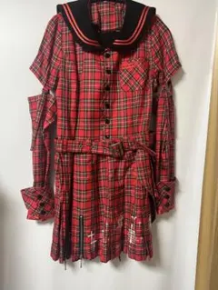 セーラー襟 赤チェックワンピース