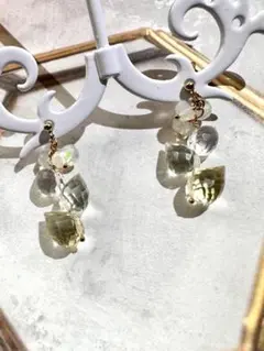 k14gf 蕾型 レモンクォーツ グリーンアメジスト 水晶 オパールのピアス