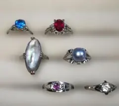 9〜15号 天然石 シルバー等昭和レトロデザインリング6点まとめ売り