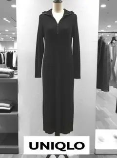 UNIQLO ハーフジップ リブニットワンピ(ブラックS)