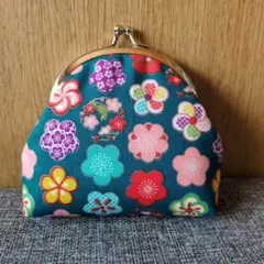 花柄がま口財布 青色