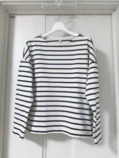 美品ユニクロボーダー長袖ボートネックトップスロンTシャツカットソーネイビー紺綿