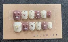 くまフラワーネイル　ガーリー　くまネイル　ハート　韓国　　ベリーショート