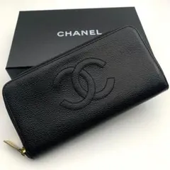 鑑定済み シャネル ラウンドファスナー 長財布 キャビアスキン ココマーク 黒