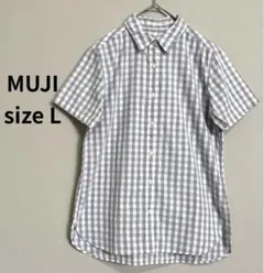 無印良品 グレーギンガムチェック 半袖シャツ L コットン100%