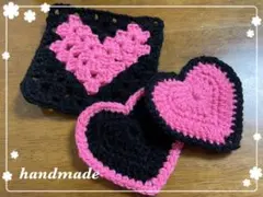 手編み　ハートのドイリー＆コースターセット♡黒×ピンク♡プチギフト