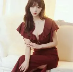 デイジーストア◆ワインレッド フリルスリーブ タイトロングドレス M