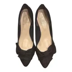 23cm 日本製 HS パンプス 黒 リボン ポインテッドトゥ フォーマル