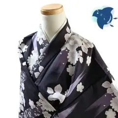 C56 ちどり屋 着物 袷 トールサイズ 洗える着物 小紋 黒 花