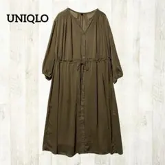UNIQLO 長袖 シフォンワンピース S カーキ リボン ギャザー 羽織り