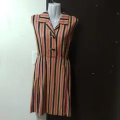 レトロ ストライプ柄 ノースリーブワンピース