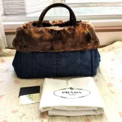 新品 PRADAプラダ♥カナパ ファー付きデニムバッグ