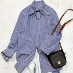 美品 BEIGE, ベイジ ストライプ ボウタイタイ ブラウス 2 M ゆったり