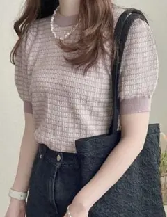 ラメ入りツイード編みチェック柄ニットトップス　GRL ベージュ