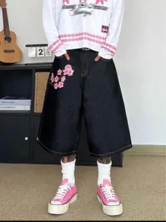 桜刺繍 デニムハーフパンツ ブラック y2k swag - メルカリ