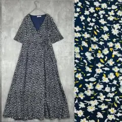 ナチュラルクチュール　ガウン　ワンピース　浴衣巻き　花柄　紺白　半袖　夏