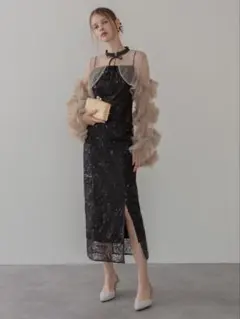 フリルチュールスリーブリボンIラインワンピースドレス結婚式パーティー成人式二次会