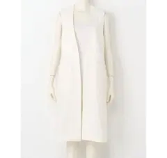 後ベルト付ノーカラーロングベスト ジレ ホワイト