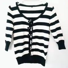 ストライプリボン五分丈カーディガン〜М