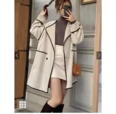 【美品】GRL ヘリンボーンレザーパイピングコート　pp034 オフベージュ S