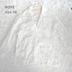ROPE ロペ 麻100% ストライプスキッパーシャツブラウス 38 白 七分袖のサムネイル