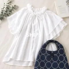 SHIPS シップス コットンボイル ネックギャザー ボウタイブラウス