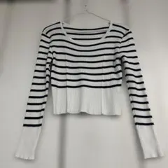 ストライプ クロップドニットセーター　フリーサイズ